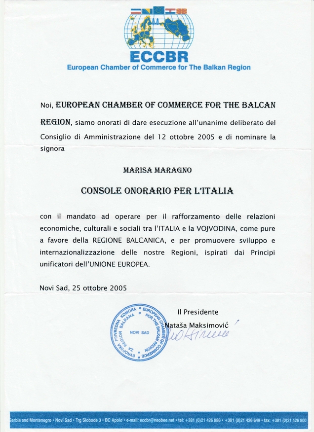 Riconoscimento come Console Onorario dei Balcani 2005